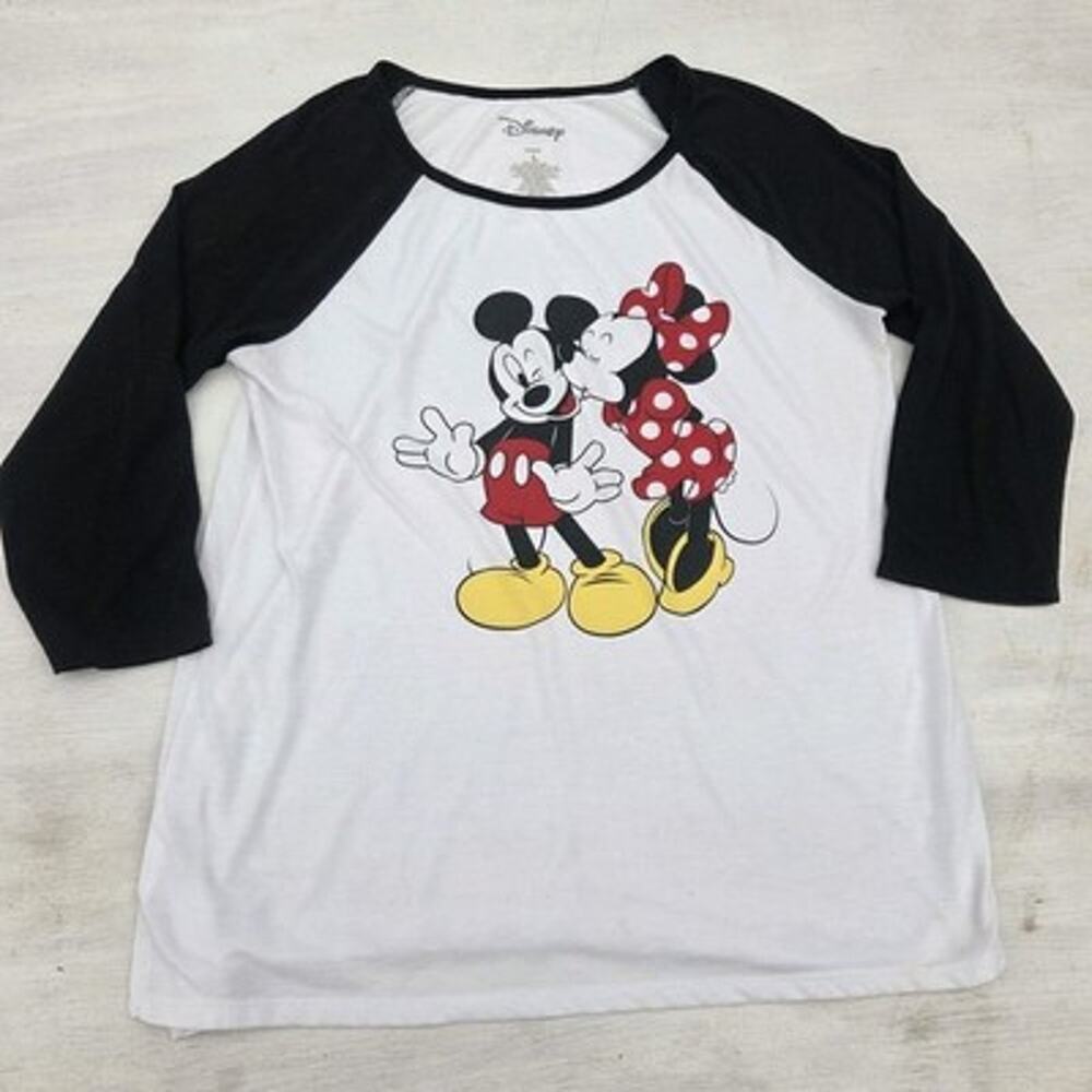 Disney Mickey Minnie Mouse Raglan Baseball Tee 3/4 Sleeve Womens L White Black